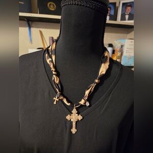 Gold Cross Pendant Necklace with Satin Cord